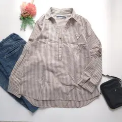 c309　THE EMPORIUM スキッパーシャツ M ストライプ柄 コットンのサムネイル