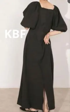 KBF 黒 ロングワンピース oneサイズ Iライン バル―ンスリーブ 五分袖