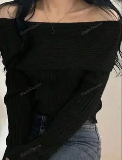 オフショルダーニットセーター　黒　リブニット　SHEIN