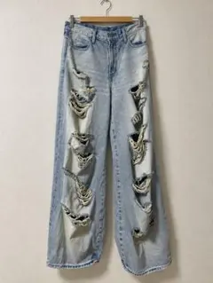 LAGUA GEMダメージ ワイド デニム パンツ ライトブルー