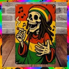 【ブリキ看板】レゲエ ボブ・マーリー 骸骨 ラスターカラー アメリカン雑貨