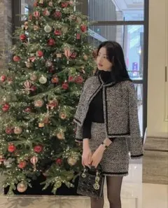 配色ツイードジャケット&HラインミニスカートSET