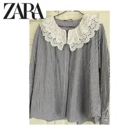 美品★ZARA ★レース襟が可愛い～♪ストライプオーバーサイズシャツ★L