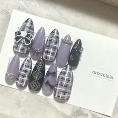 ハロウィンにも♡ 黒紫 ツイード柄×リボン ゴシック 大人ガーリー ネイルチップ