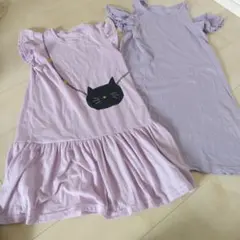 猫プリント130㎝＆ フリル袖140㎝ ワンピース 　2枚セット