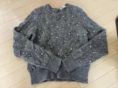 ZARA グレー パール装飾 長袖ニット M