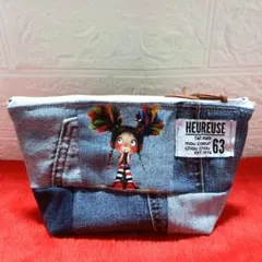 デニムリメイクパッチワークポーチ　底マチ付