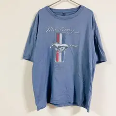 希少 フォード マスタング Tシャツ【M】青系 車ロゴ アメ車 半袖古着