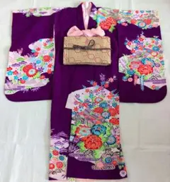 市松人形 12号(42cm)サイズの着物 比翼仕立て 紫 淡い色の花堤太鼓 こ