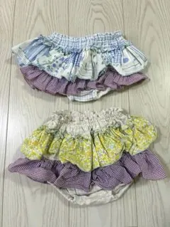 80 ベビーショートパンツ ブルマ 二段フリル 女の子 花柄 チェック 2枚組