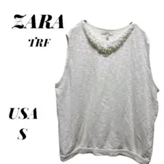 【ザラ】 パール装飾 ネック ノースリーブ サマーニットトップスUSA S