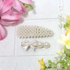 C【新品】パール ヘアピン 2本セット大人可愛い リボン 子供 お揃い 発表会