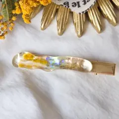 ミモザニュアンスクリアヘアクリップ　本物のお花　ブルー