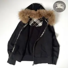 バーバリーブルーレーベル フードファー付 パーカー ノバチェック 2WAY黒