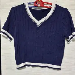 ネイビー Vネック 半袖ニット