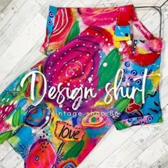 柄シャツ レディース 半袖 M 紫 未使用 古着 総柄 イラスト レトロ アート