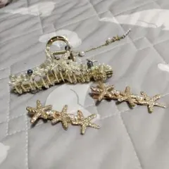 新品未使用 夏 海星 ヒトデ 貝殻 シェル 金色 ヘアクリップ バンスクリップ