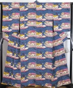 正絹・本場琉球紅型袷着物・帆船に波模様・着丈159cm・顔料 - メルカリ