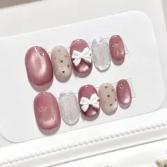 ショートオーバル　ピンク　リボンネイル　推しネイル　マグネット　現品　ガーリー