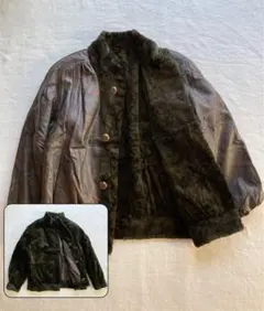 レザー　リバーシブル　総柄　派手柄　オリーブグリーン ファー ジャケット