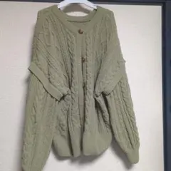 オリーブグリーン ケーブルニット カーディガンLサイズ