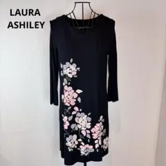 ★LAURA ASHILEY★花柄長袖ワンピース 黒★ S〜M★伸縮性有★素敵★