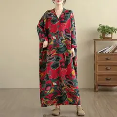 プリントワンピース レトロ V字襟 体型をカバー マキシ丈 着心地いい