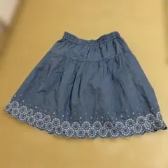 アースミュージック&エコロジー　くすブルー フレアスカート 花柄刺繍ウエストゴム