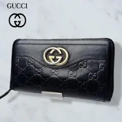 01 美品 GUCCI 長財布 インターロッキング 黒 GG柄 シマ kf2