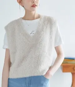 【美品】ロペピクニック　ショートフェザーニットベスト　ライトグレー