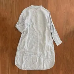 無印良品 MUJI シャツワンピース ストライプ リネン100%総柄バンドカラー