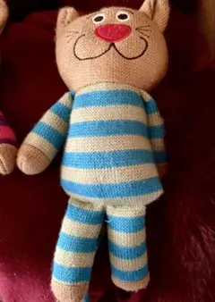 ニット素材 オシャレ猫のぬいぐるみ ボーダー柄（青）のサムネイル