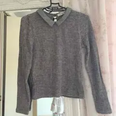 【中古】チェック柄襟付き長袖ニットトップス