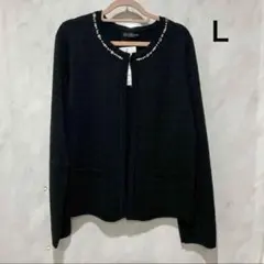 ノーカラー ニットカーディガン ラメ パール ストーン 黒 アーガイル L