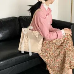 ベージュ　トートバッグ　花柄レース　サブバック　結婚式　上品　韓国　可愛い