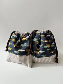 ゆ*マ様 お弁当袋　コップ袋　車　乗り物　ネイビー　チェック　ベージュ