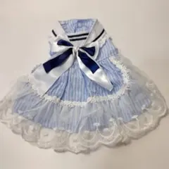 春夏犬猫用フリル　リボン　ドレス 青と白ストライプ