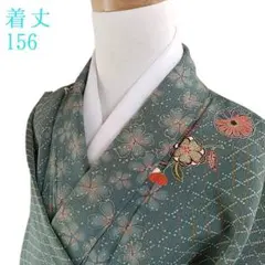 K49 袷 お召し物 着丈156cm 着物 化繊 洗える 緑