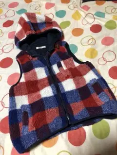 トリコロールカラーが可愛いブロックチェックベストボア☆M 寒さ対策 防寒に