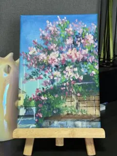 アクリル画 オイルパステル画 桜と青い花咲く丘 キャンバスアート ご