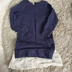 プティマイン　ネイビー長袖トップスとレースキャミソールセット　120