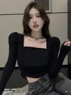 SHEIN 無地柄スクエアネック フリルの付いたクロップセーター ブラック M