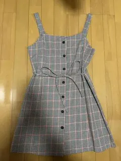 【韓国ワンピース】チェック柄キャミワンピース 細見え ウエストマーク