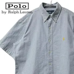 美品 ラルフローレン シアサッカー 半袖 BDシャツ ストライプ ロゴ刺繍 M