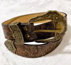 【新品】ウエスタンベルト 茶 アンティーク調 彫刻バックル 花柄 型押し レザー