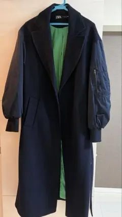 ZARA ロングコート ネイビーグリーン裏地 ボンバーコート MA-1 