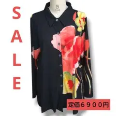 美品✨レオナール チュニック丈 襟つきトップス 花柄 トリム ロゴ ブラック40 美品✨レオナール チュニック丈 襟つきトップス 花柄 トリム