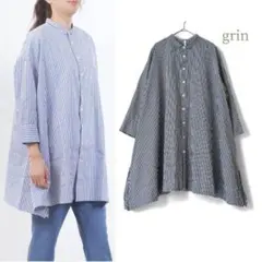 grin／日本製 チビ襟 ロング丈ワイドシャツ ギンガムチェック長め丈チュニック