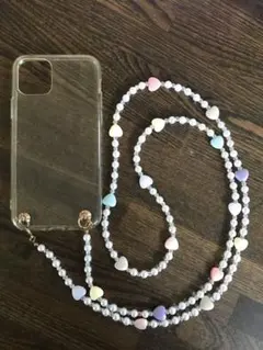 No.020スマホショルダー パールビーズストラップ　くすみ　ハート　カラフル