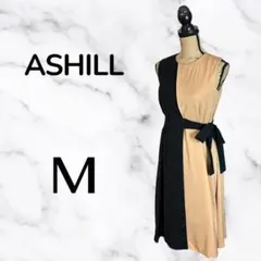 美品✨【ASHILL】ツートンノースリーブワンピース　リボン　さらさら　裏地　M